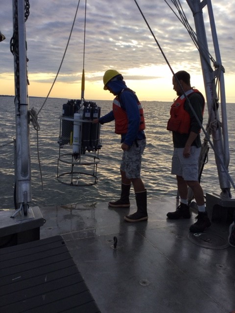 A rosette holder for Niskin bottles is lowered into Long Island Sound to collect water samples.