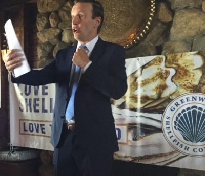 Sen. Chirs Murphy speaks to audience in Greenwich on Aug. 24 about Long Island Sound funding.