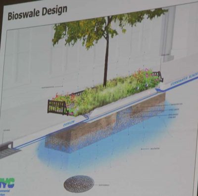 An illustration of a bioswale is shown during one of the presentations.