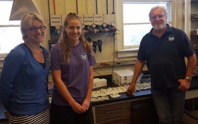 Hollings Scholar Hope Elliott, center, worked with Shannon Meseck, her mentor, and Gary Wikfors, the lab director, at the NOAA fisheries lab in Milford.
