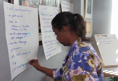 Antoinette Clemetson of New York Sea Grant / Cornell Cooperative Extension chooses priorities for outreach messages during an exercise at the Coastal Ocean Acidification workshop.
