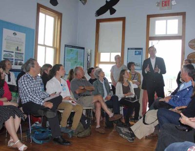 Sen. Chris Murphy describes the "Living Shorelines Act" legislation to a group at the Connecticut River Museum on June 15.