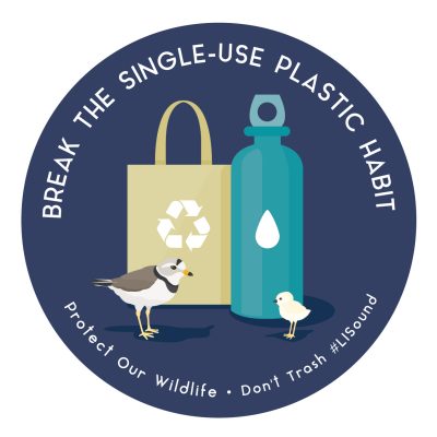 "Break the Single-Use Plastic Habit: Protect Our Wildlife" sticker with images of a piping plover and reusable bag and water bottle.