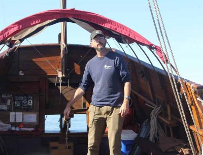 Onrust Captain Dan Thompson steered the ship from Essex to the I-95 highway bridge in Old Lyme.