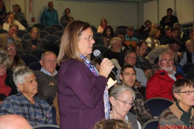 Old Lyme First Selectwoman Bonnie Reemsnyder speaks in favor of the NERR application during a public meeting on Nov. 13. "This designation will be great for our area," she said. "It will give a lot of focus and demonstrate how important this area is."