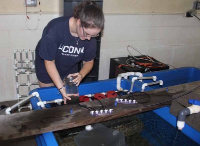 UConn graduate student Quinne Murphy lowers a sediment sample from Little Narragansett Bay into a tank at the Rankin Laboratory at the Avery Point campus for analysis.