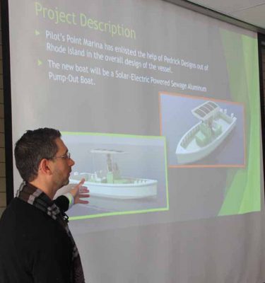 Michael Pascucilla, director of the East Shore District Department of Health, tells about the solar-powered electric pump out boat his agency uses.