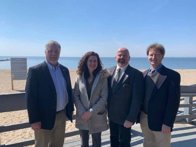 Left to right, Connecticut Sea Grant Director Sylvain De Guise, DEEP Commissioner Katie Dykes, state Rep. Joseph Gresko of Stratford and Nathan Frohling of the Nature Conservancy spoke at the event announcing release of the Blue Plan draft at Hammonasset Beach State Park.