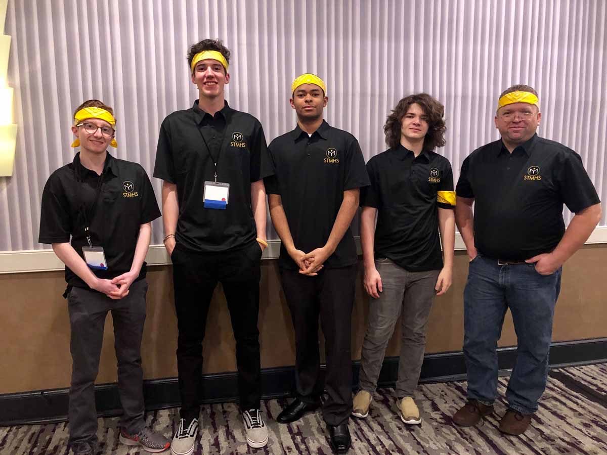 The Science and Technology Magnet High School team at the National Ocean Sciences Bowl, left to right, was comprised of Aidan Desjardins, Derek Raymond, Christopher Bowens, Alex Matthews and Coach Charles Mulligan.