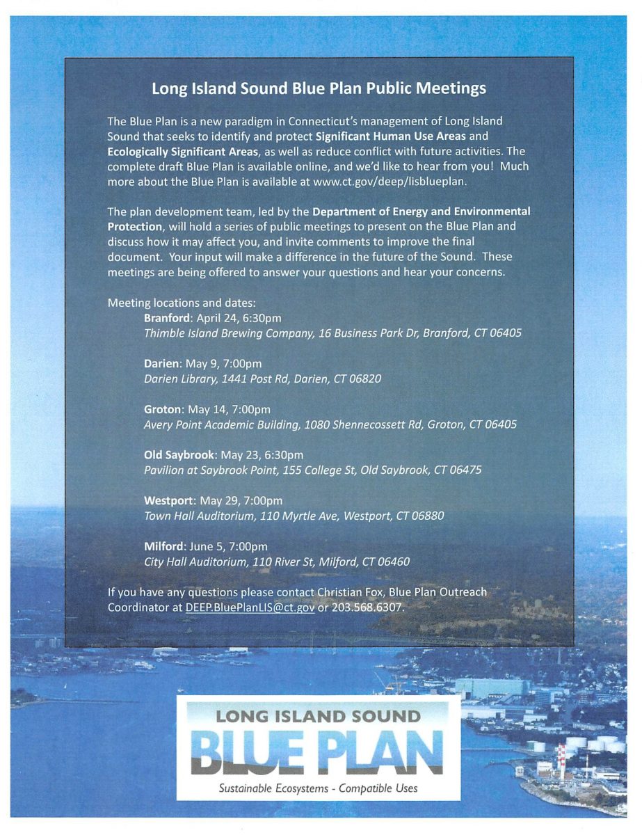 Flyer for Long Island Sound Blue Plan public meetings