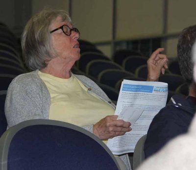 Rosemary Louden asks how the Blue Plan would impact the commercial shellfish beds she and her husband Jay lease in Greenwich.