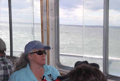 Marine science Prof. Jamie Vaudrey spoke about her research in Little Narragansett Bay and other coves and embayments in the Sound.