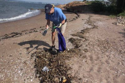 Karri Beauton, an animal rescue volunteer at Mystic Aquarium, picked several empty plastic bottles during the beach cleanup at Lighthouse Point Park in New Haven on Aug. 8. Judy Benson / Connecticut Sea Grant