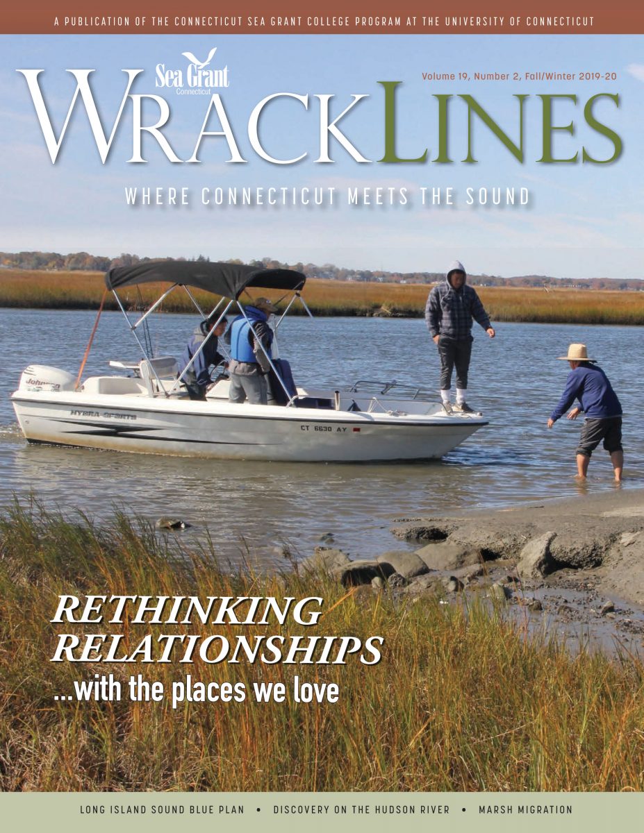 Cover of Fall-Winter 2019-20 issue of Wrack Lines magazine, showing recreational fishermen leaving from Great Island State Boat Launch in Old Lyme.