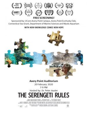 Poster for screening of the film "The Serengeti Rules" at UConn Avery Point on Feb. 20