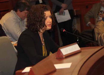 Katie Dykes, commission of the state Department of Energy and Environmental Protection, was the first to testify at the public hearing on the Long Island Sound Blue Plan.