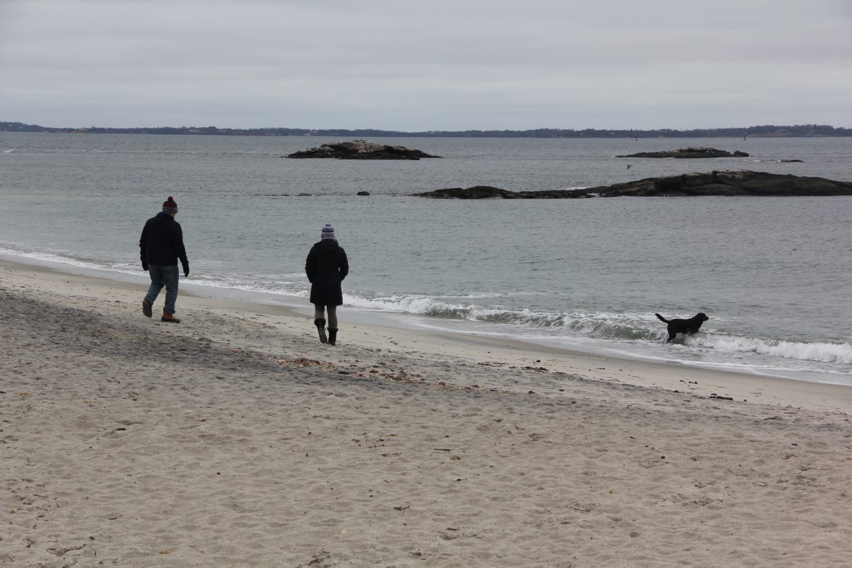 A couple enjoy a walk with their dog at Waterford Town Beach on Thursday.