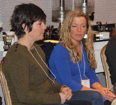 Suzie Flores, left, owner with her husband Jay of the Stonington Kelp Co.in Connecticut, and Karen Gray, right, California reef manager and policy & planning specialist with Greenwave, listen during one of the work group sessions.