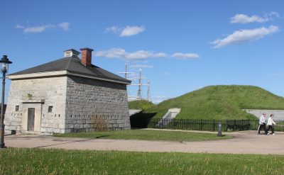 The Fort Trumbull Quest begins at the Blockhouse building, the oldest one at the park. The masts of the Coast Guard Barque Eagle, which is docked at the park, is visible in the background.