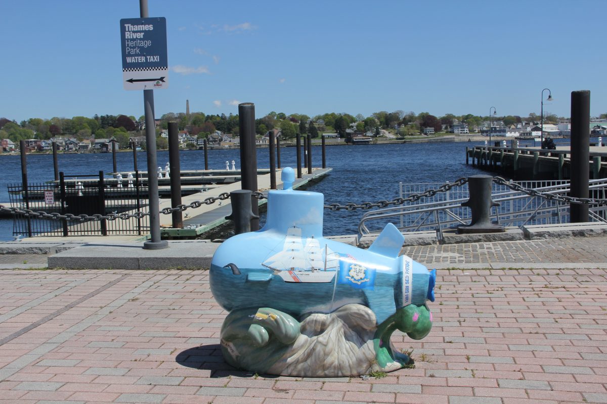 The Downtown New London Waterfront Park Quest begins at the submarine statue near City Pier.