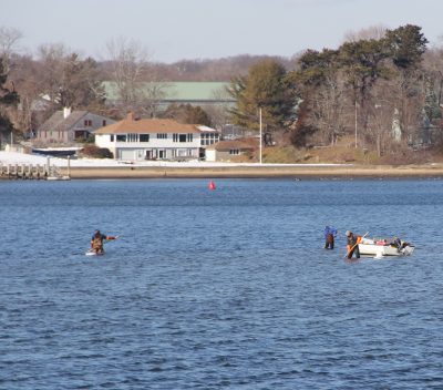 The Niantic River continues to attract clammers even in the winter months. These clammers could be seen from shore on Feb. 6.