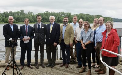 Sen. Richard Blumenthal, second from left, joins representatives of the 15 groups that are thus far supporting the efforts to obtain funding for control of hydrilla in the Connecticut River. Judy Preston / Connecticut Sea Grant