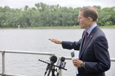 Sen. Richard Blumenthal talks about the threat of the invasive hydrilla plant to the Connecticut River at an event in Middletown on June 3.