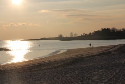Long Island Sound beach at sunset.