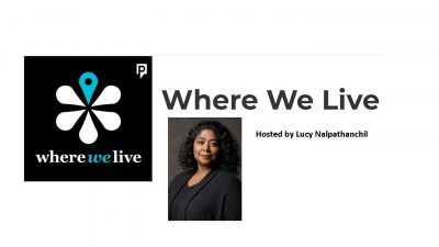 Logo for WNPR show "Where We Live" with photo of host Lucy Napathanchil