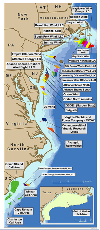 Map from the federal Bureau of Ocean Energy Management shows offshore wind projects proposed for the North Atlantic.