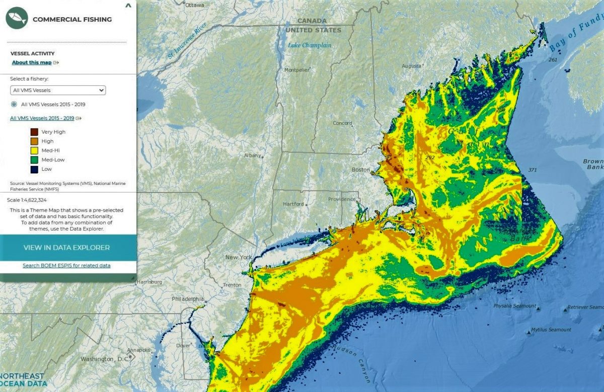 Map from the Northeast Ocean Data Portal shows levels of commercial fishing activity offshore from coastal New England and the mid-Atlantic