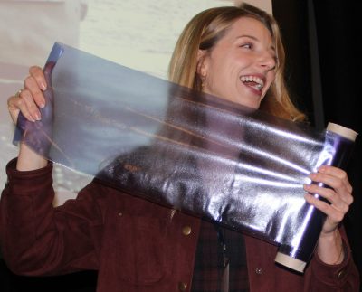 Julia Marsh, chief executive officer and co-founder of the Sway, shows compostable wrapping material made from seaweed by her California-based company.