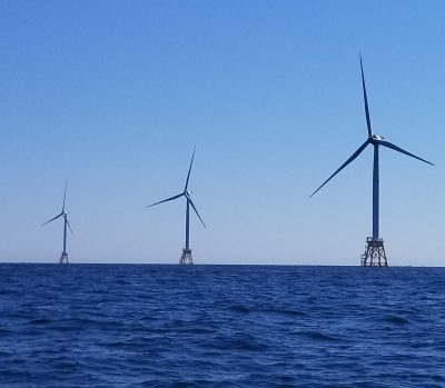 Three of the five turbines installed off Block Island, R.I., six years ago.