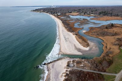 An aerial view of Waterford Town Beach taken with a drone shows the beach dune and marsh system.