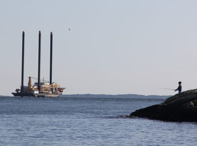 The L/B Jill, a construction vessel being used for the South Fork Wind project off Long Island, is seen from Waterford Town Beach on July 30.