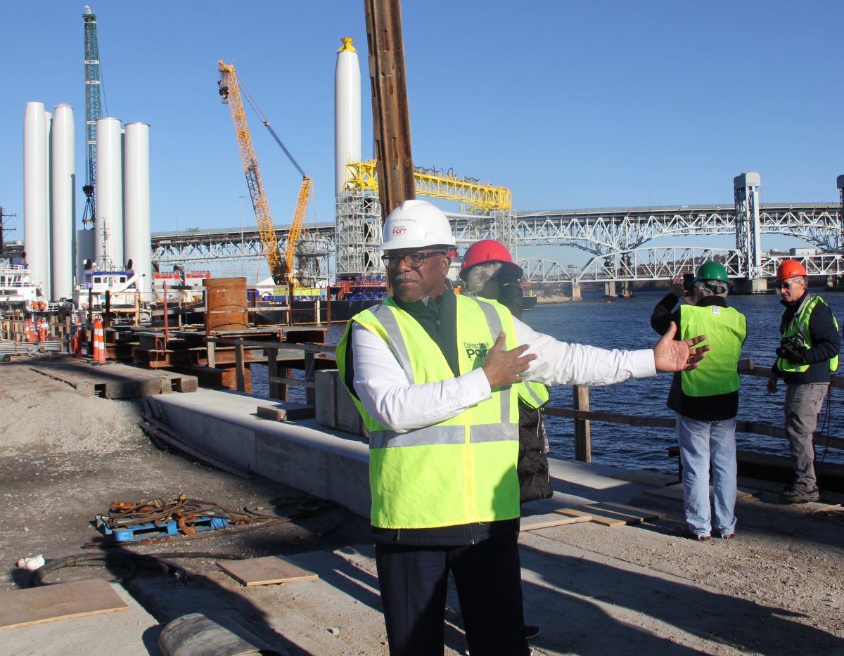 Ulysses Hammond, interim executive director of the Connecticut Port Authority, led a tour on Nov. 20 of State Pier in New London, where components of the South Fork offshore wind project are being staged.