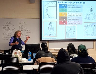 CTSG Associate Director Nancy Balcom teaches a class about disaster preparedness communications to a Climate Corps class this fall.