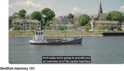 Screengrab of oyster boat from "Shellfish Hatchery 101" video