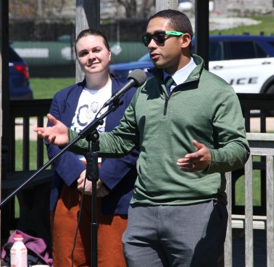 CT state Rep. Aundre Bumgardner, the keynote speaker at the event, talked about his sponsorship of House Bill 5004, "An Act Concerning the Implementation of Certain Climate Change Measures," during the event. Behind him is Kelly Sauter, president of the Avery Point EcoHuskies Club.