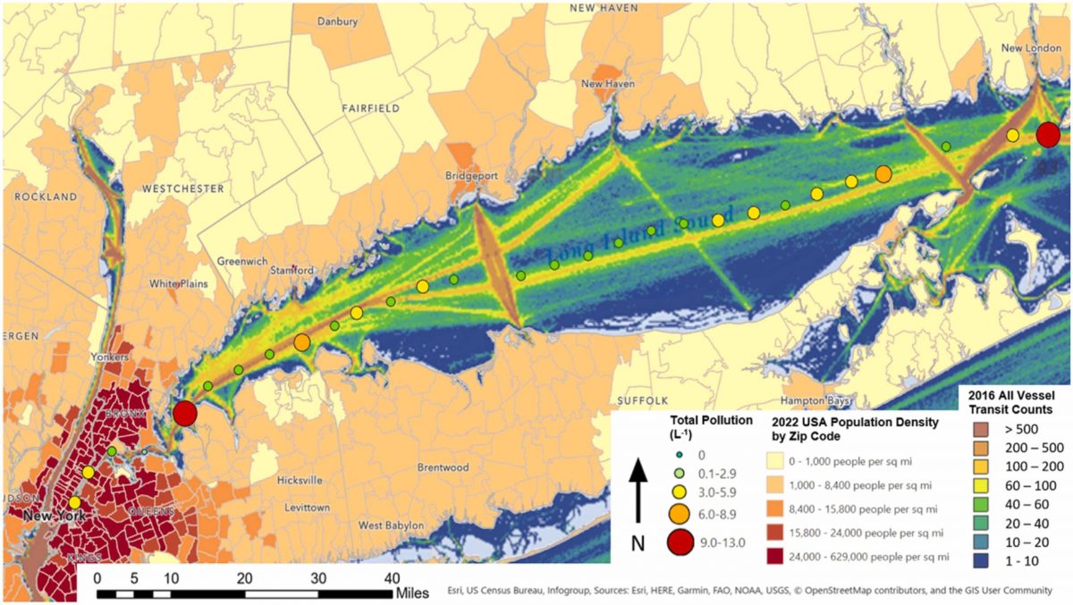 Map showing microplastics concentrations in Long Island Sound
