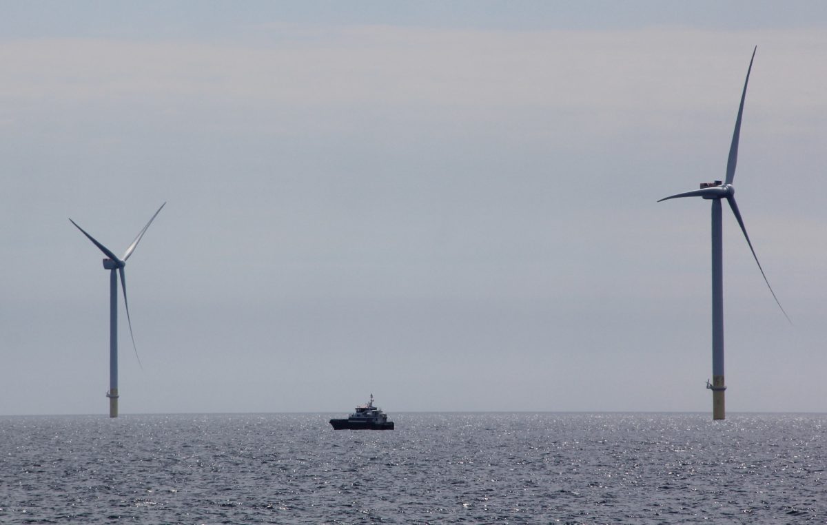 A vessel travels between two of the South Fork Wind project turbines on May 14.