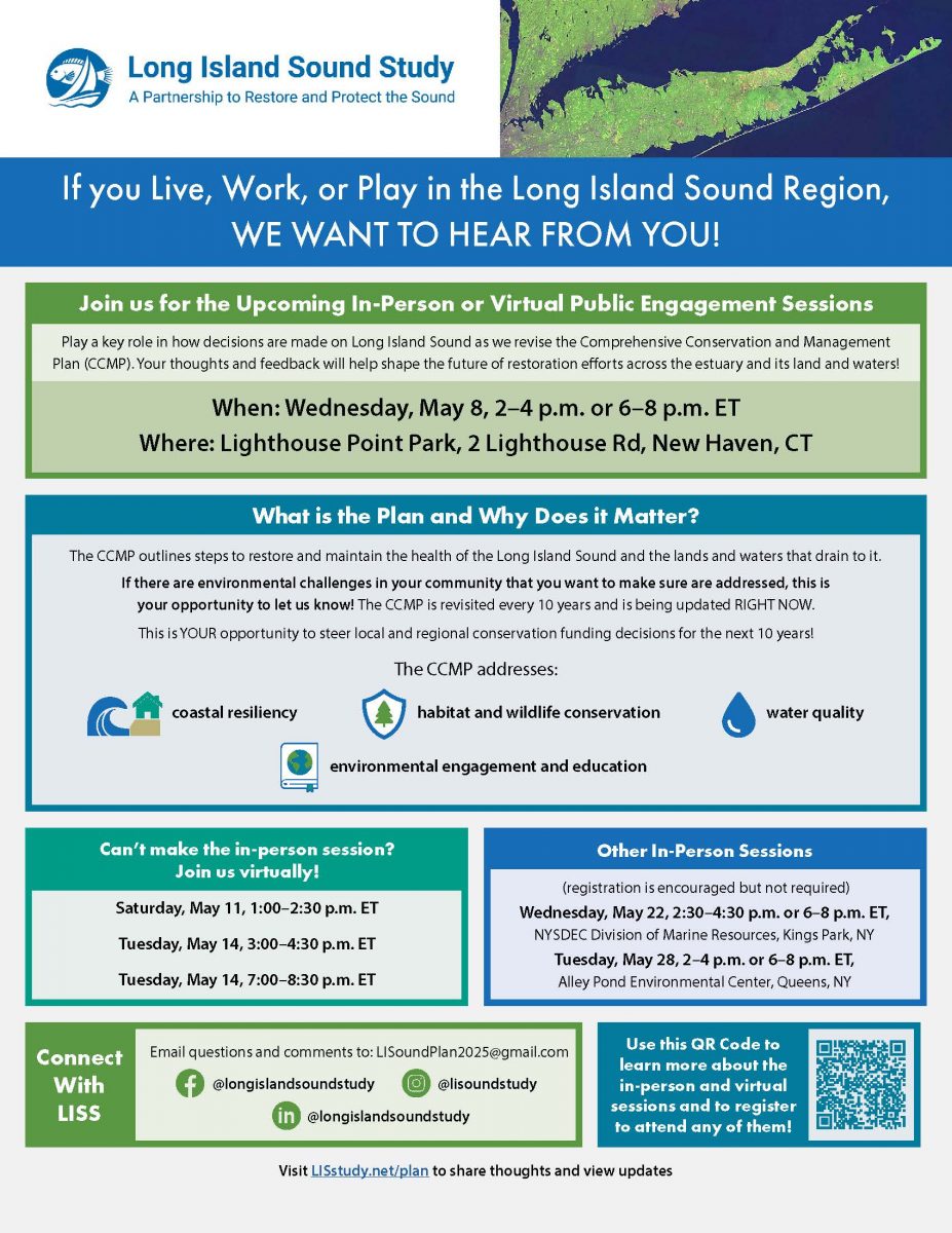 Flyer for public engagement sessions for Long Island Sound Comprehensive Management Plan revision