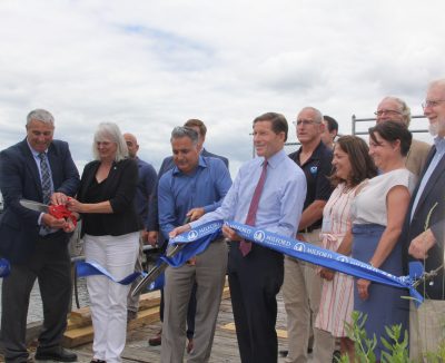 Sen. Richard Blumenthal, center, joined NOAA and USDA officials at the ribbon cutting for the Northeast Oyster Breeding Center.