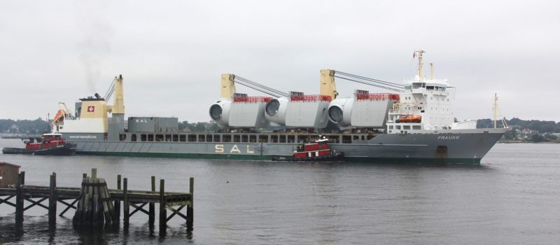 The cargo ship Frauke carries the first shipment of nacelles (generators) for the Revolution Wind project to State Pier in New London on July 10, 2024.