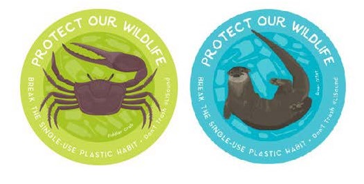 This year’s new “Protect Our Wildlife-Break the Single-Use Plastic Habit” stickers feature a fiddler crab and a river otter.