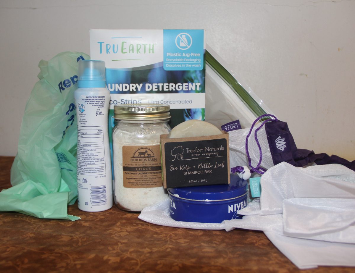 Plastic-free products found in by participants in the plastic-free week include, from left, compostable trash bags, anti-perspirant in a recyclable can, detergent sheets and powered detergent, a shampoo bar, body lotion in a recyclable can, biodegradable sandwich bags and reusable produce bags.