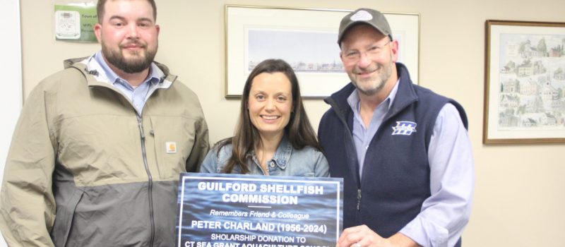 CTSG's SHUCKS aquaculture training program interns Brendon Goulette, left, and Danielle Calini met May 15 with Mike Bohan of the Guilford Shellfish Commission, which is helping fund the internship.