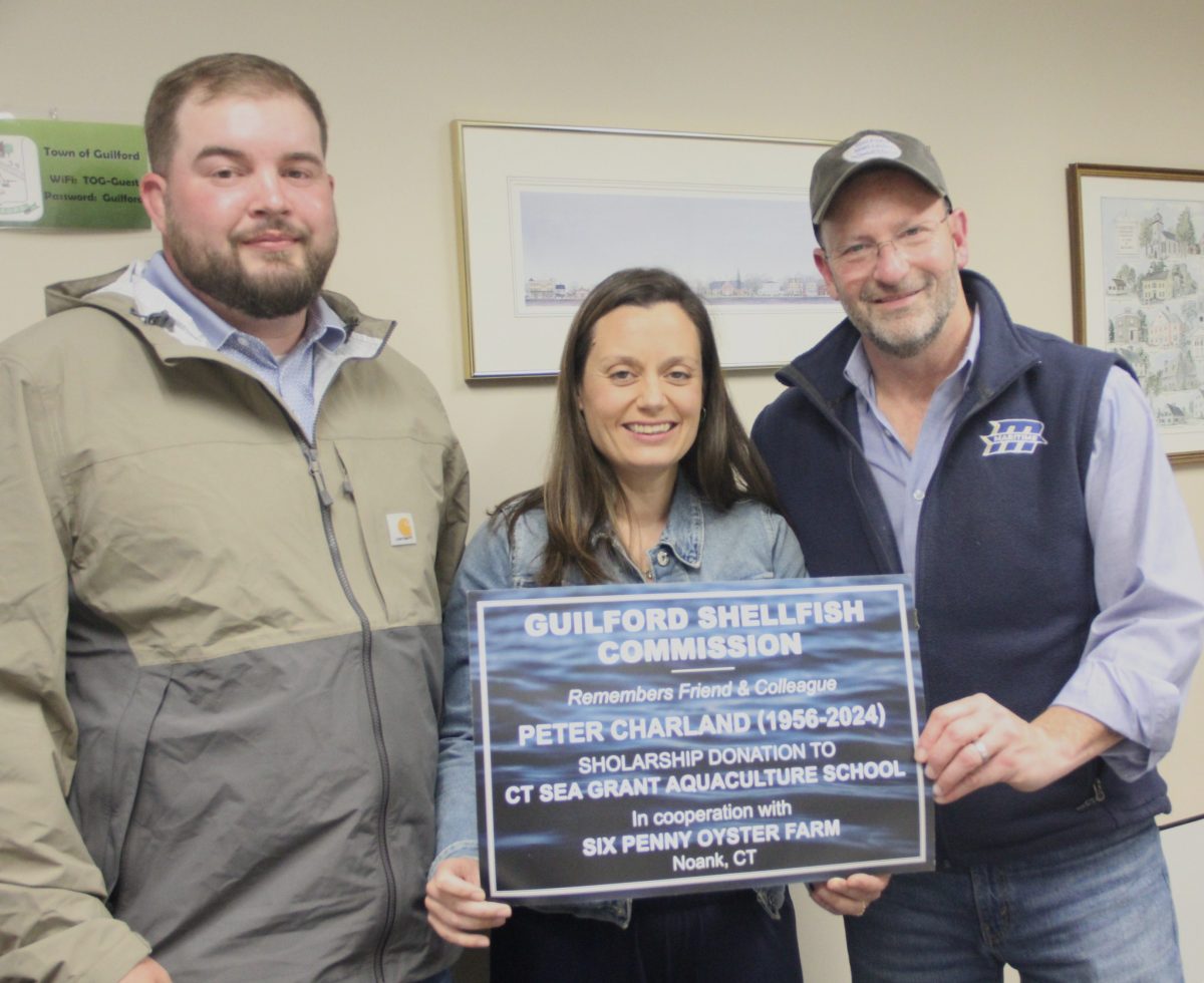 CTSG's SHUCKS aquaculture training program interns Brendon Goulette, left, and Danielle Calini met May 15 with Mike Bohan of the Guilford Shellfish Commission, which is helping fund the internship.