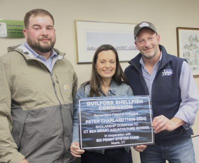 CTSG's SHUCKS aquaculture training program interns Brendon Goulette, left, and Danielle Calini met May 15 with Mike Bohan of the Guilford Shellfish Commission, which is helping fund the internship.