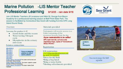 Flier for Marine Pollution - Long Island Sound Mentor Teacher Professional Development workshop